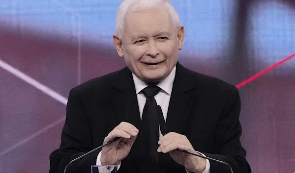 Jaroslaw Kaczynski, the head of Poland’s ruling opposition speaks to a party convention in Poland, Sunday 14, 2023. (AP)