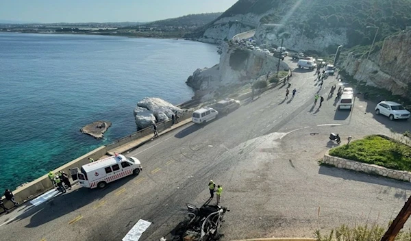 Drone shot of the site of the drone strike in al-Naqoura, southern Lebanon, February 3, 2024 (Social media)