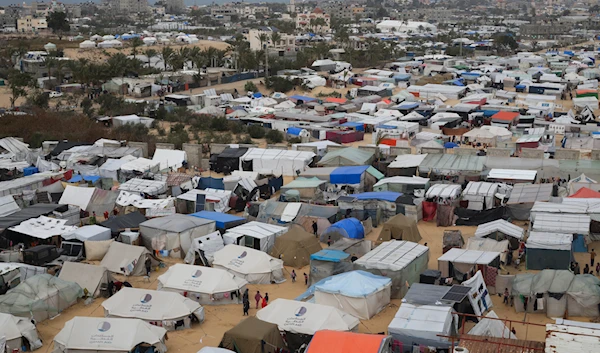 A tent camp housing Palestinians displaced by the Israeli occupation forces' invasion of Gaza is seen in Rafah, south of the Gaza Strip, February 27, 2024 (AP)