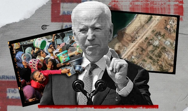 Biden's decision to construct a floating pier in Gaza could be interpreted as essentially waving a white flag to Benjamin Netanyahu and his lobby in Washington. (Al Mayadeen English; Illustrated by Zeinab El-Hajj)