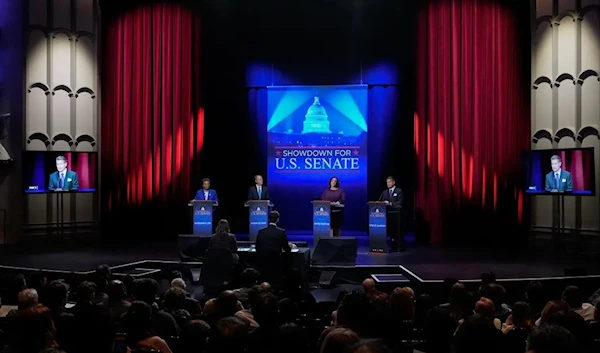 U.S. Senate candidates, from left, Reps. Barbara Lee, Adam Schiff and Katie Porter, and Republican Steve Garvey stand on stage during a televised debate in Los Angeles on Jan. 22, 2024. (AP)