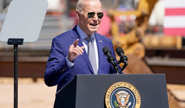 President Joe Biden speaks about an agreement to provide Intel with up to $8.5 billion in direct funding and $11 billion in loans for computer chip plants on Wednesday, March 20, 2024, at the Intel Ocotillo Campus. (AP)