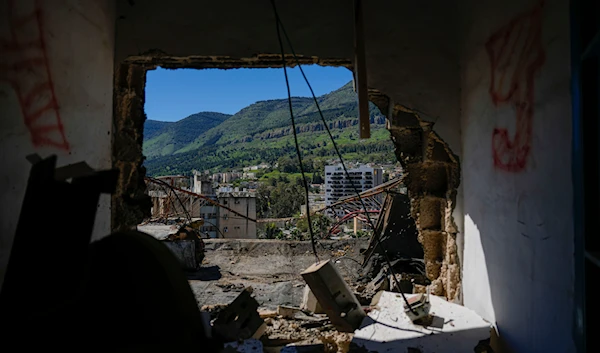 Damage to apartments from rockets fired by Hezbollah in 'Kiryat Shmona' settlement, northern occupied Palestine, on the border with Lebanon, Thursday, Feb. 29, 2024.(AP)