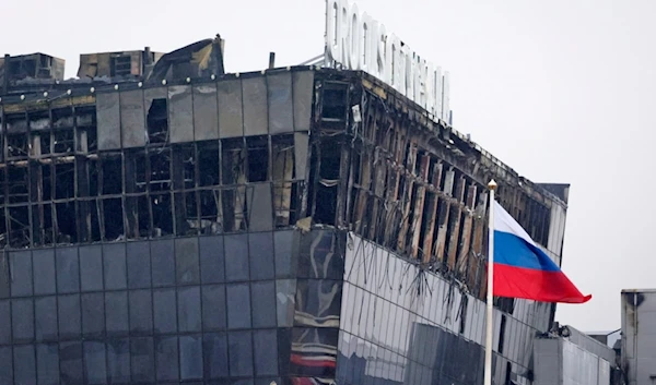 A view of the Crocus City Hall burned after an attack is seen on the western edge of Moscow, Russia, Saturday, March 23, 2024. (AP)