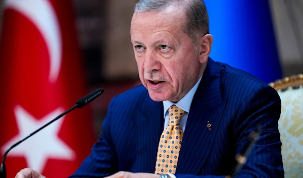 Turkish President Recep Tayyip Erdogan talks during a joint news conference at Dolmabahce palace in Istanbul, Turkey, Friday, March 8, 2024. (AP)