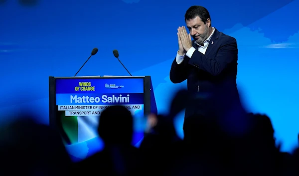 Deputy Prime Minister Matteo Salvini arrives on the stage during the rally "Winds of Change - Towards a Europe of Cooperation" in Rome, Saturday, March 23, 2024. (AP)