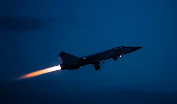 In this photo provided by the Russian Defense Ministry Press Service on Feb. 14, 2022. A MiG-31 fighter of the Russian air force takes off at an air base during military drills in Tver, Russia. (RAP)