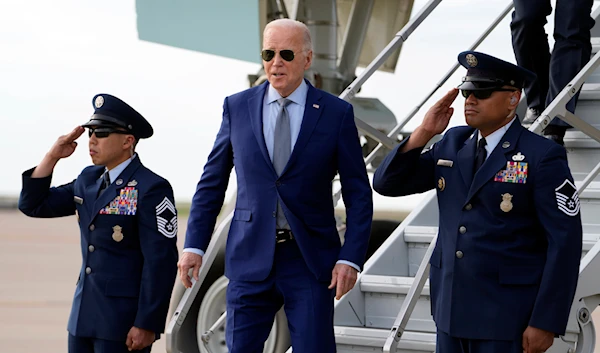 President Joe Biden arrives on Air Force One Wednesday March 20, 2024, at Dallas-Fort Worth International Airport, in Dallas. (AP)