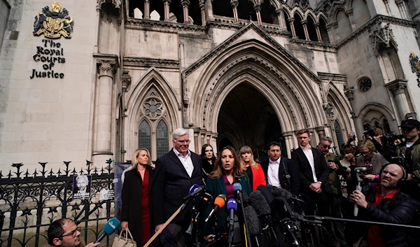 Stella Assange, wife of Wikileaks founder Julian Assange, releases a statement outside the Royal Courts of Justice, in London, Tuesday, March 26, 2024. (AP)