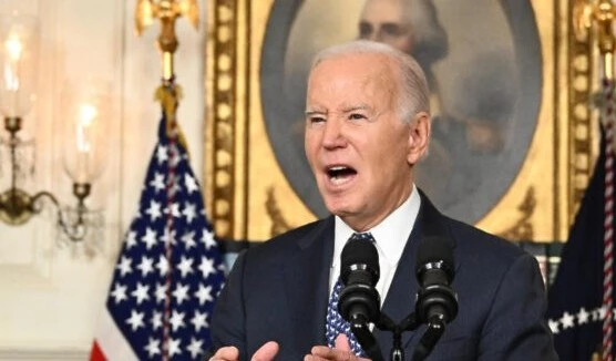 US President Joe Biden answers questions about “Israel” after speaking about the Special Counsel report at the White House in Washington, on February 8, 2024. (AFP)