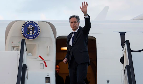 US Secretary of State Antony Blinken gestures, as he departs, at Ben Gurion International airport in 'Tel Aviv', occupied Palestine, Friday March 22, 2024. (AP)