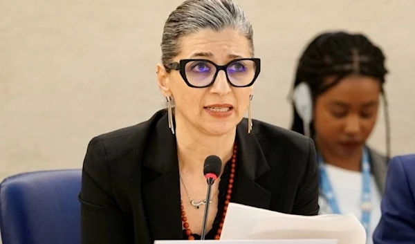 Francesca Albanese, Special Rapporteur on the situation of human rights in the Palestinian territories, makes remarks at the 55th session of the UN Human Rights Council in Geneva.