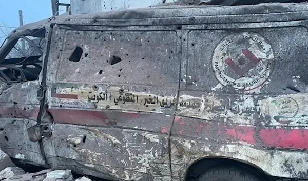 An ambulance completely destroyed in the Israeli aggression on the village of Hebbariyeh, Lebanon, March 27, 2024 (Social Media)