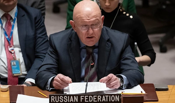 Russian Permanent Representative to the UN Vassily Nebenzia speaks during the Security Council meeting at United Nations headquarters, Friday, Dec. 22, 2023. (AP)