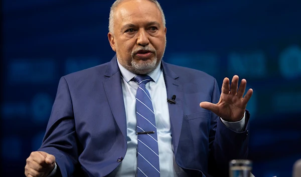 Former Israeli Security Minister Avigdor Lieberman gestures as he speaks during a conference in al-Quds, on Sunday, March 7, 2021.(AP)