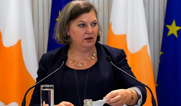 U.S. Under Secretary of State Victoria Nuland talks to the media during a press conference in the Cypriot capital Nicosia, Cyprus, on Thursday, April 7, 2022. (AP)