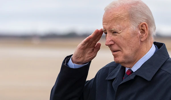 President Joe Biden salutes as he steps off Air Force One upon arrival, Tuesday, March 5, 2024, at Andrews Air Force Base, Md. Biden is returning from a trip to Camp David. (AP)