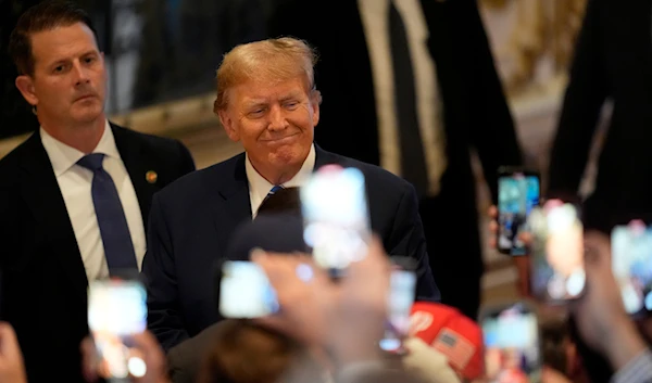 Republican presidential candidate former President Donald Trump greets supporters after he speaks at a Super Tuesday election night party, Tuesday, March 5, 2024, in Palm Beach, Fla. (AP)