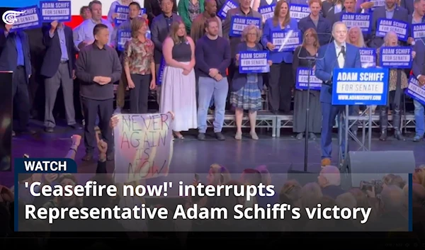 'Ceasefire now!' interrupts Representative Adam Schiff's victory speech