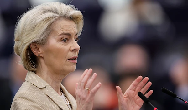 European Commission President Ursula von der Leyen delivers her speech on security and defense at the European Parliament in Strasbourg, France, Wednesday, Feb. 28, 2024 (AP)