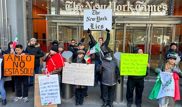 Supporters of Mexican president Andrés Manuel López Obrador protest in front of the New York Times headquarters in New York on Sunday, February 25, 2024. (AP)