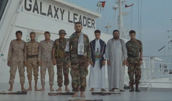 Yemenis perform Eid al-Fitr prayers on the deck of the seized Israeli-linked Galaxy Leader cargo ship in Hodeidah, Yemen, on April 10, 2024. (Al Mayadeen TV)