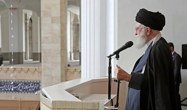 Supreme Leader Ayatollah Ali Khamenei delivers his sermon during the Eid al-Fitr prayer ceremony marking the end of the Muslim holy fasting month of Ramadan, in Tehran, Iran, Wednesday, April 10, 2024 (AP)