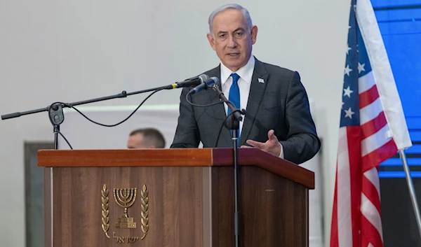 Israeli Prime Minister Benjamin Netanyahu speaks during a gathering of Jewish leaders in al-Quds, Sunday, Feb. 18, 2024.(AP)