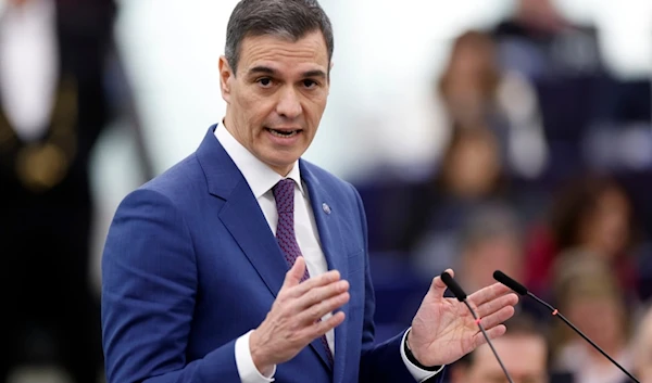 Spain's Prime Minister Pedro Sanchez addresses the European Parliament Wednesday, Dec. 13, 2023 in Strasbourg, eastern France. (AP)