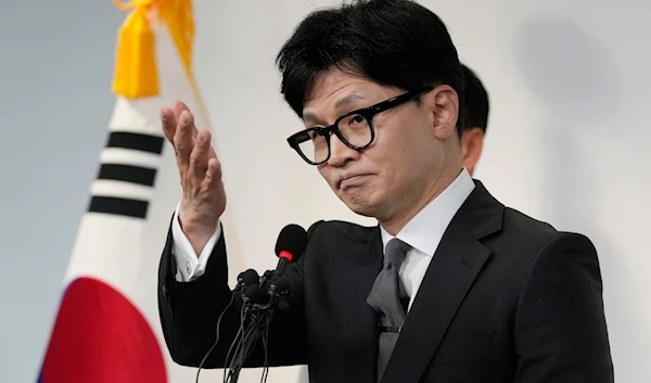 South Korea's ruling People Power Party's leader Han Dong-hoon gestures during his press conference at the party's headquarters in Seoul, South Korea, Thursday, April 11, 2024.(AP)