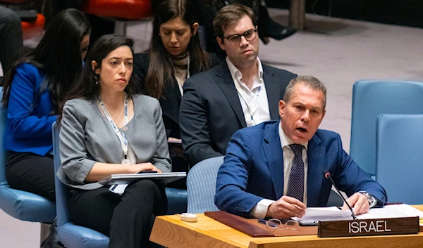 Gilad Erdan, Permanent Representative of "Israel" to the United Nations, addresses the United Nations Security Council at U.N. headquarters, Monday, March 25, 2024 (AP)