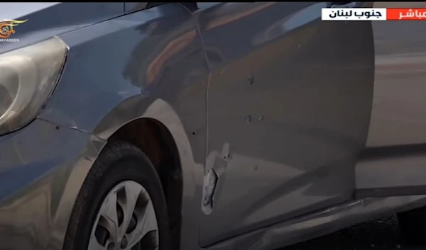 Bullet holes on Al Mayadeen's crew vehicle as a result of IOF bullets fired from the