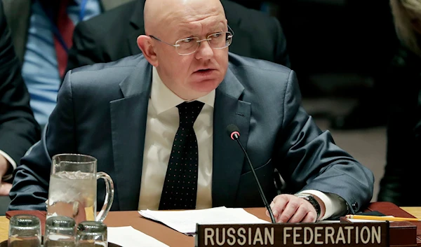 Vassily Nebenzia, Russia's ambassador to the United Nations, speaks during a Security Council meeting, Friday, April 13, 2018, at United Nations headquarters. (AP)