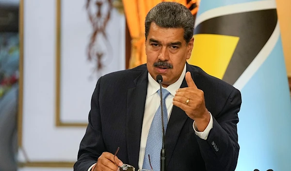 Venezuelan President Nicolas Maduro speaks during a meeting with Saint Lucia's Prime Minister Philip Joseph Pierre at the Miraflores presidential palace in Caracas, Venezuela, Oct. 6, 2023. (AP)