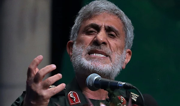 Commander of the Islamic Revolution Guards Corps' Quds Force Esmail Qaani  speaks in a ceremony in Tehran, Iran, Thursday, April 14, 2022.