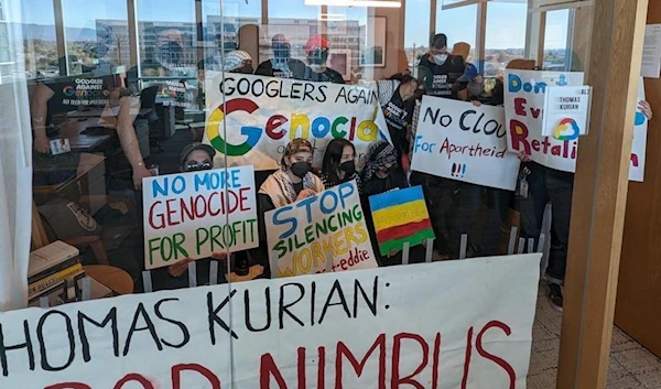 An image of protestors at Google Cloud CEO Thomas Kurian’s office in California against Project Nimbus, a cloud computing project created for "Israel" (X/TimesofGaza)