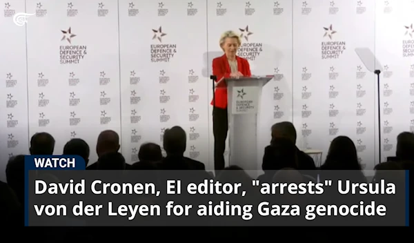 David Cronen, EI editor, "arrests" Ursula von der Leyen for aiding Gaza genocide