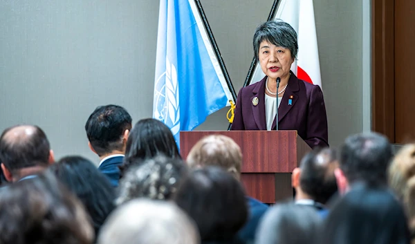 Japanese Foreign Minister Yoko Kamikawa speaks to attendees as she attends a Women, Peace and Security symposium at the Permanent Mission of Japan, on Monday, March 18, 2024, in New York.(AP)