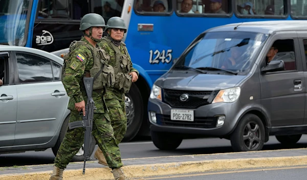 Soldiers patrol in the Carapungo neighborhood of Quito, Ecuador, Thursday, April 18, 2024. (AP)