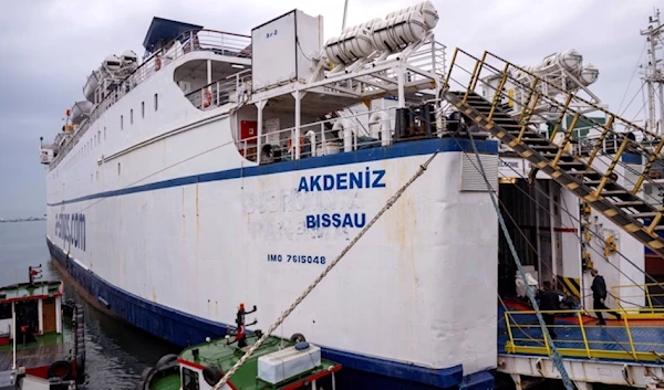 The Akdeniz RoRo, part of the Freedom Flotilla Coalition, waits to depart from the Tuzla seaport, near Istanbul on April 19, 2024. (Photo by AFP)