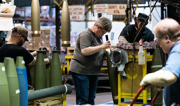 Steel workers manufacture 155 mm M795 artillery projectiles at the Scranton Army Ammunition Plant in Scranton, Pa., Thursday, April 13, 2023. (AP)