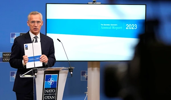 NATO Secretary General Jens Stoltenberg presents the 2023 NATO annual report during a media conference at NATO headquarters in Brussels, Thursday, March 14, 2024. (AP)