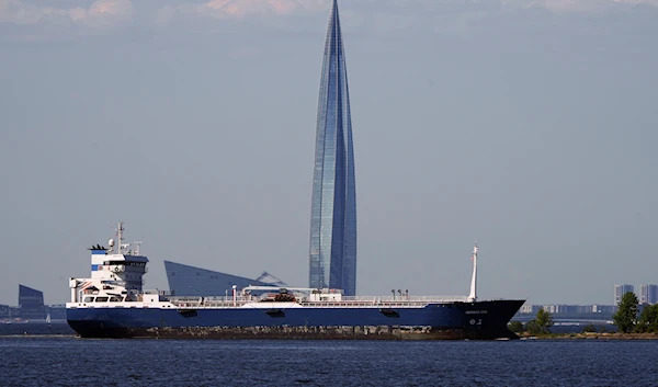 'Nimbus SPB', an oil products tanker, floats in the Finnish Gulf past the Lakhta Center skyscraper, the headquarters of Russian gas Gazprom in St. Petersburg, Russia, on June 11, 2023.