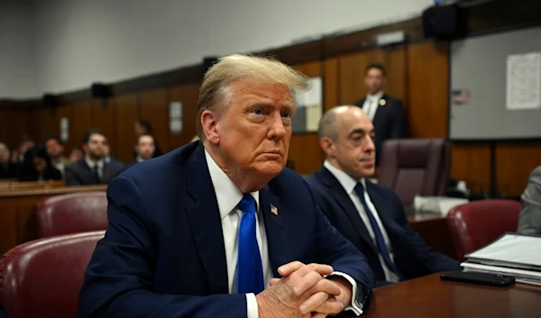 Former President and Republican presidential candidate Donald Trump looks on at Manhattan criminal court during his trial in New York, on Monday, April 22, 2024. (AP)