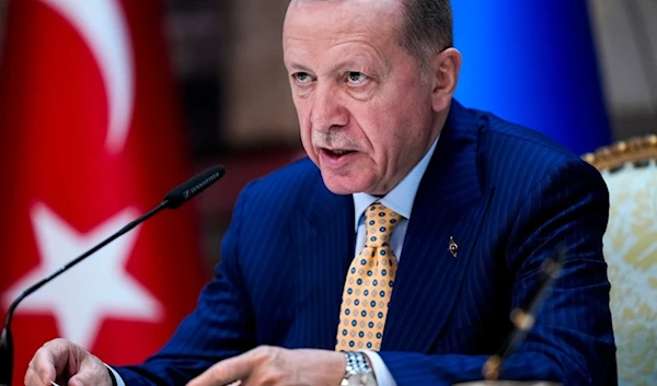 Turkish President Recep Tayyip Erdogan during talks at Dolmabahce Palace in Istanbul, March 8, 2024. (AP)