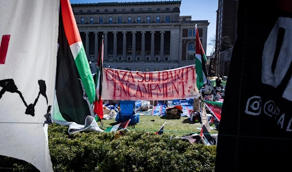 A sign that reads, Gaza Solidarity Encampment, is seen during the Pro-Palestinians protest at the Columbia University campus in New York, Monday April 22, 2024. (AP)