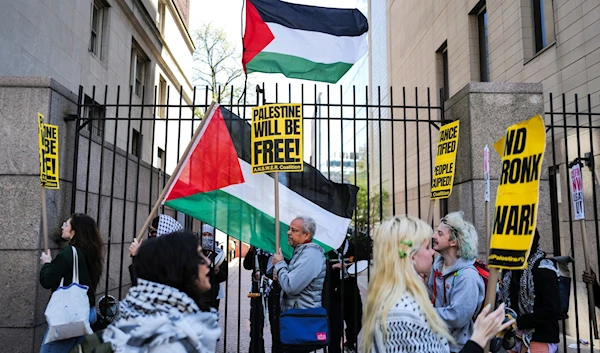 Illustrative: Pro-Palestinian supporters protest against Israeli genocide in Gaza in front of the entrance of Columbia University in New York on April 22, 2024. (AFP)