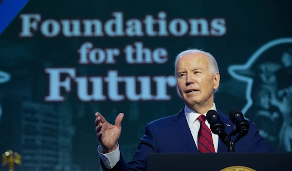 President Joe Biden speaks to the North America's Building Trade Union National Legislative Conference, Wednesday, April 24, 2024, in Washington. (AP)