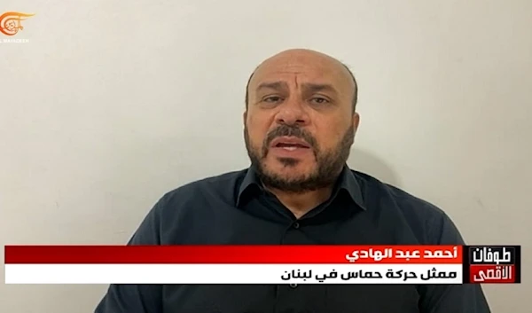 Ahmad Abdel Hadi, Hamas representative in Lebanon, speaking to Al Mayadeen on April 25, 2024. (Al Mayadeen)