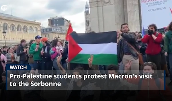 Pro-Palestine students protest Macron's visit to the Sorbonne